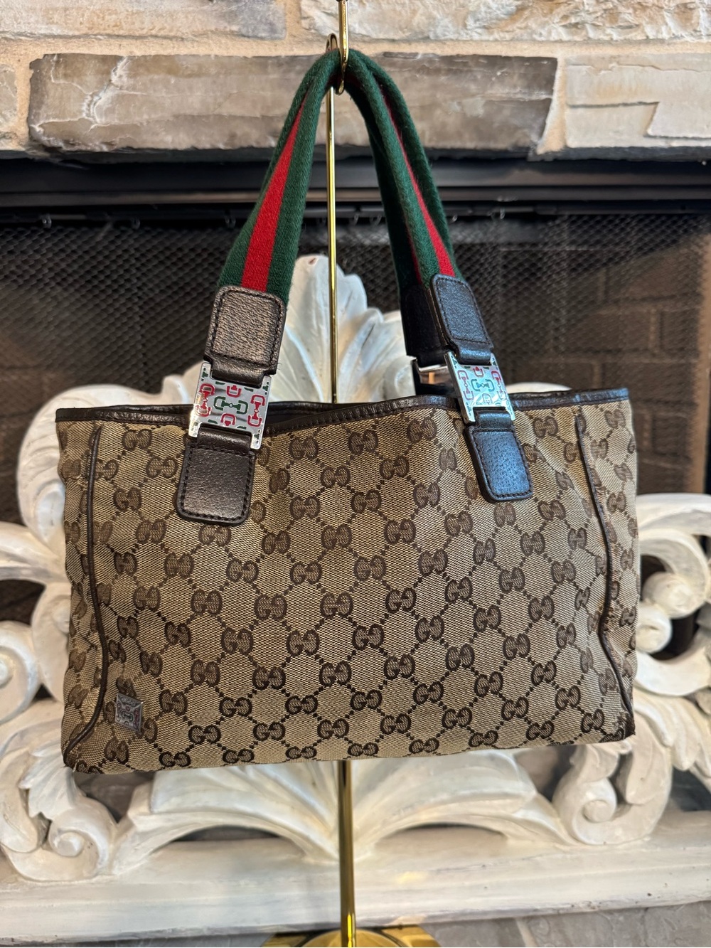 Vintage Gucci GG Jackie 1961 Canvas Tote with Green-Red Web Straps